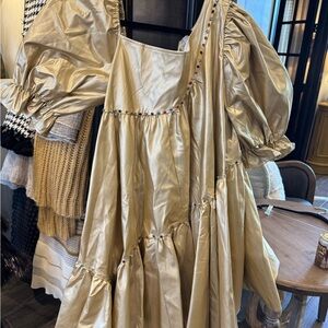 Elegant Gold Puff Sleeve Dress